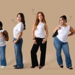 5 women all different petite heights under 4'11" wearing Dewey white vests and Dewey jeans